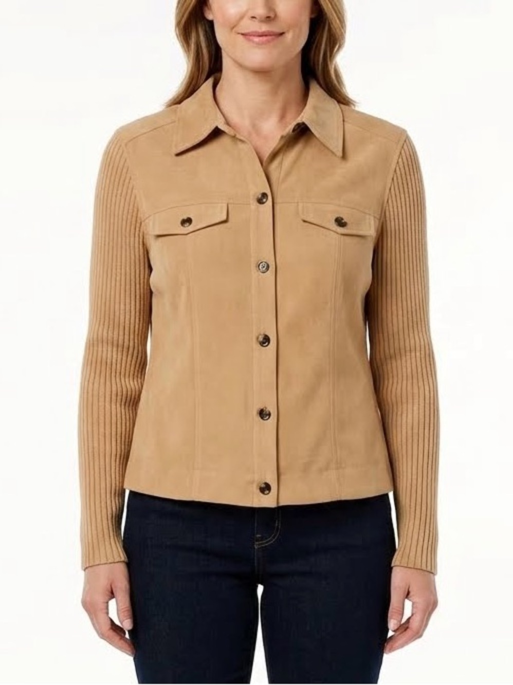 Karen Scott Mixed Media Faux Suede Camel Ribbed Knit Sleeve Shacket Jacket M - Picture 10 of 10